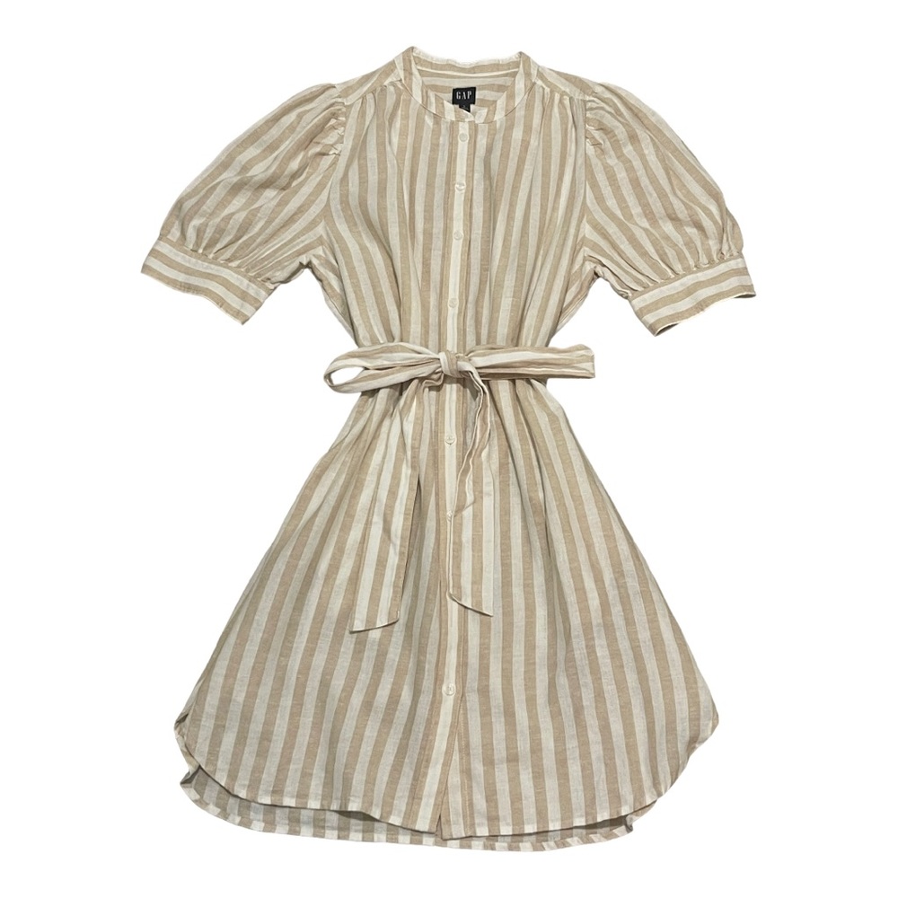 Gap Puff Sleeve Linen-Cotton Khaki Tan/White Strip Shirtdress Size Large New - Picture 3 of 6